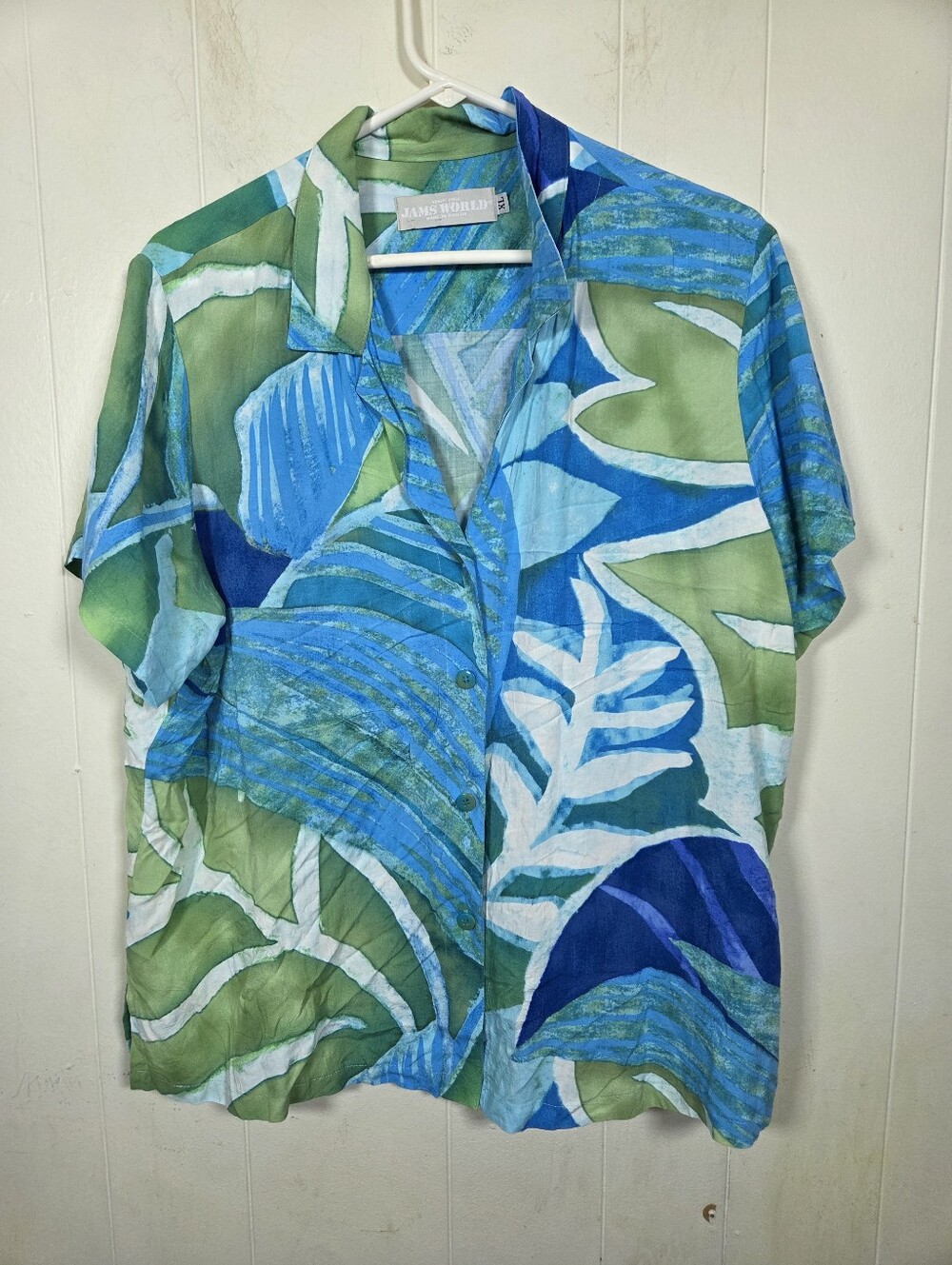 Jam's World Blue Jay Tropical Print Short Sleeve Button Down Size XL